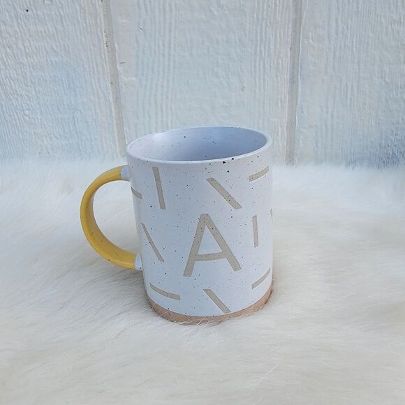 West Elm Wax Resist Monogram Coffee Mug Letter "A" Off Wht /tan /yel Stoneware - Picture 2 of 3